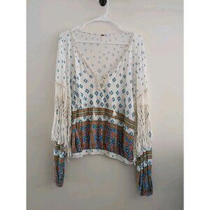 Free People Macra Maze Me Blouse Women's L White Bohemian Print Fringe Boho